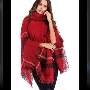 Zaful Red Checkered Turtleneck Poncho